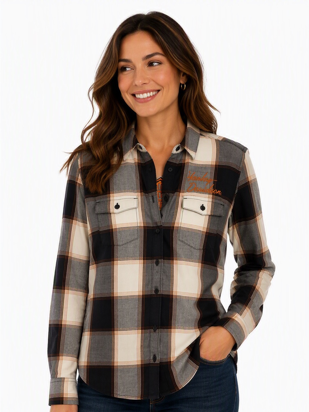 Harley-Davidson Black, Cream & Gray Plaid Button-Down Shirt